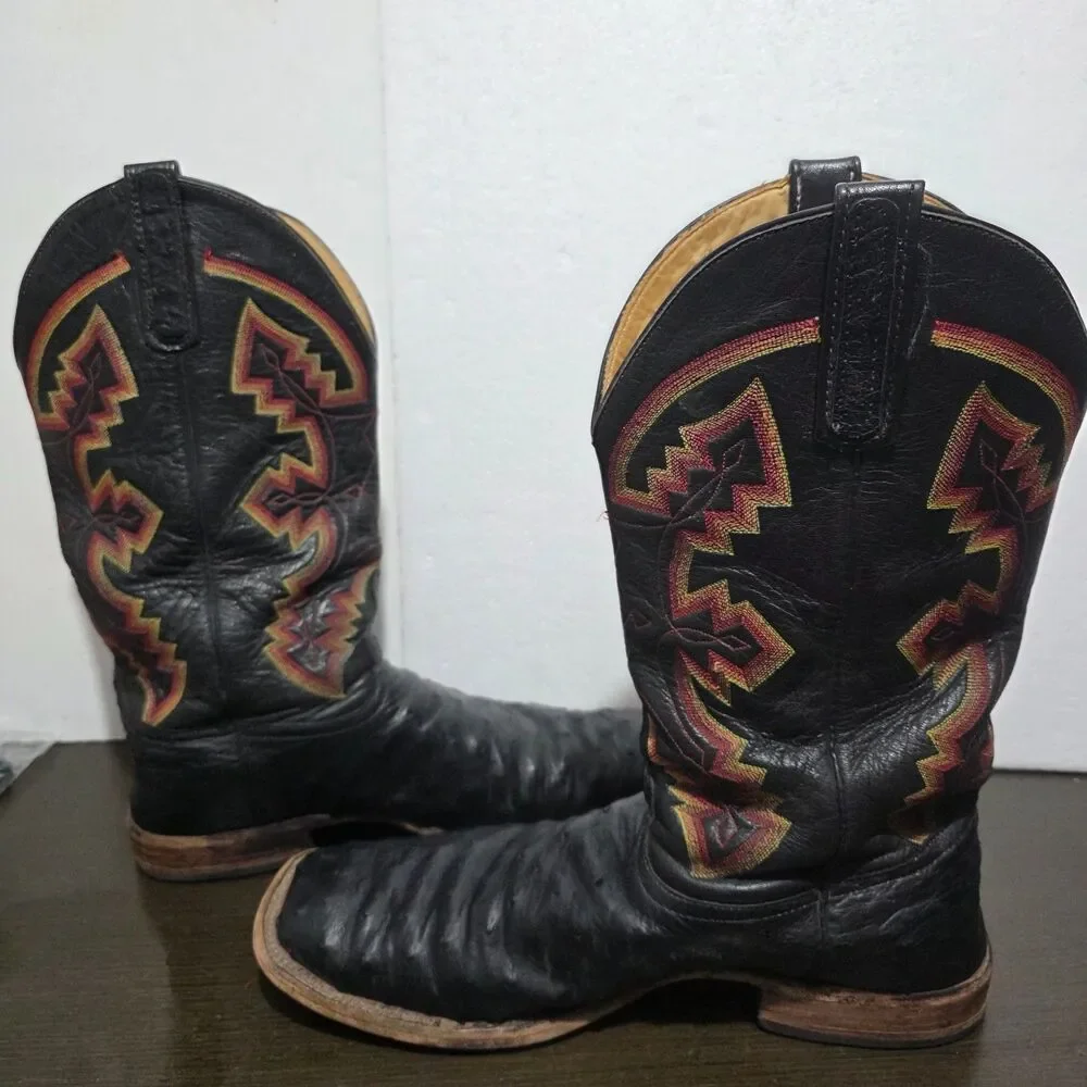 Anderson Bean Smooth Quill Ostrich Cowboy Square Toe Boots Black USA Made 14D